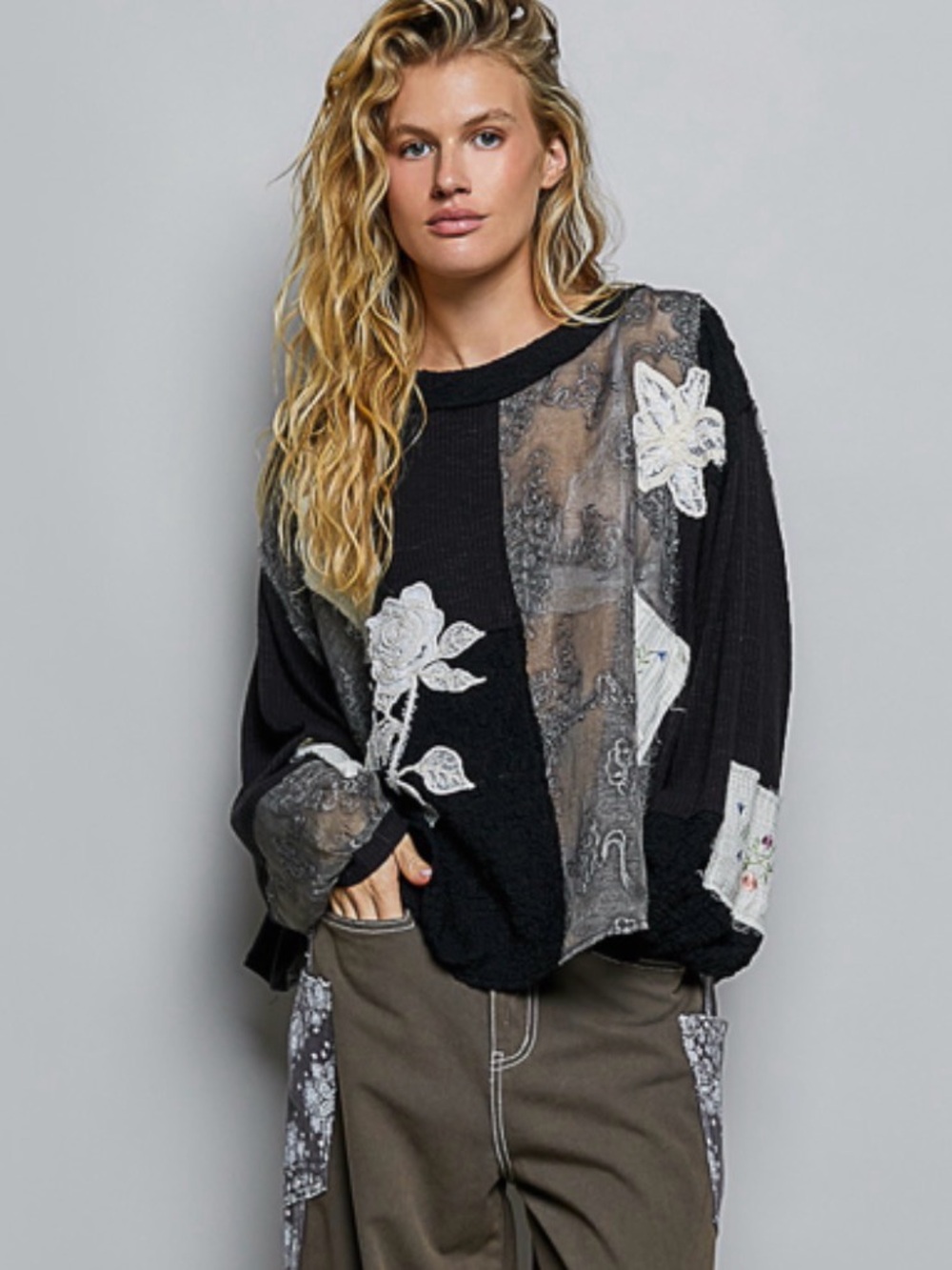 POL Clothing Boho Patchwork Lace Floral Top